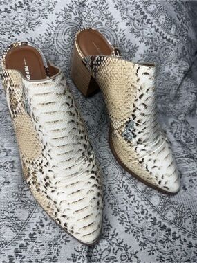 Report- Snake-Embossed Beige Mules with Block Heel - Women's - 11